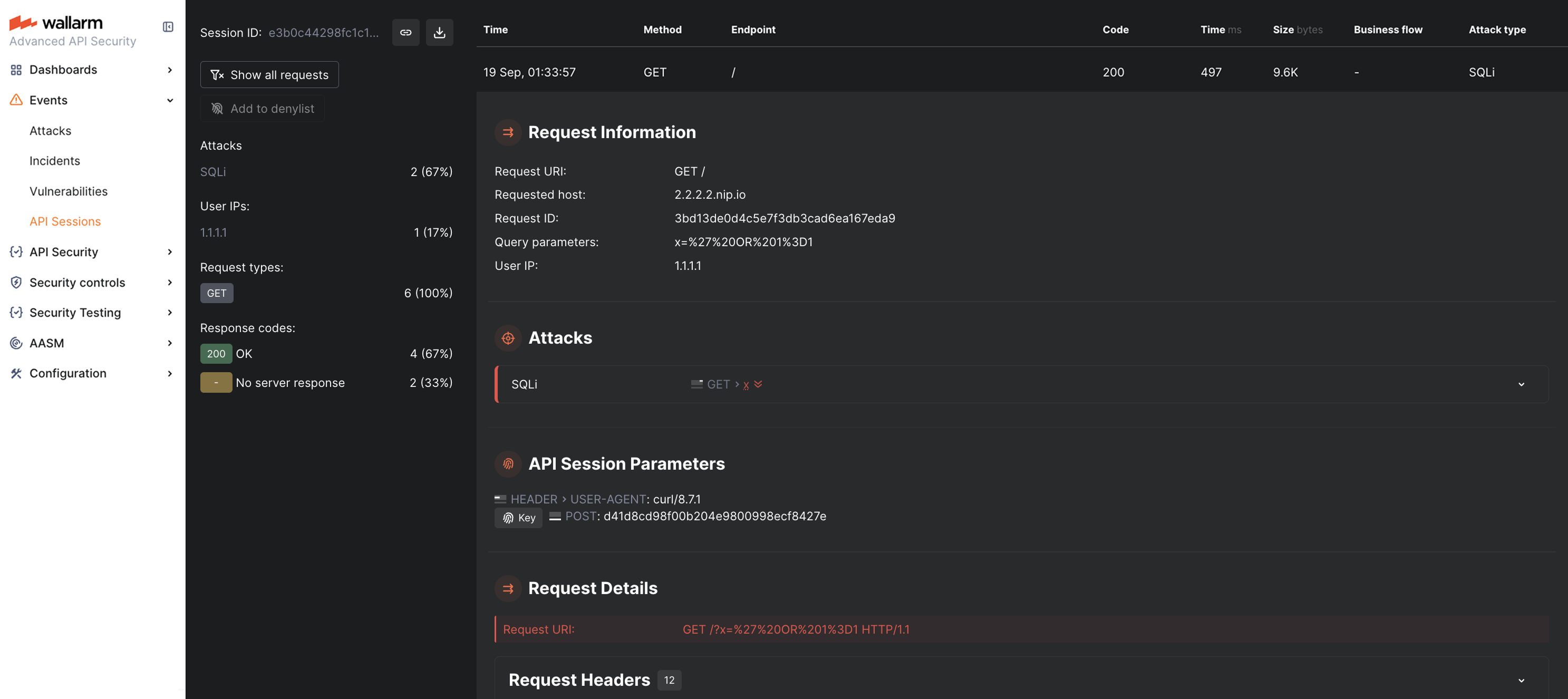 Wallarm Console: malicious request in API Sessions