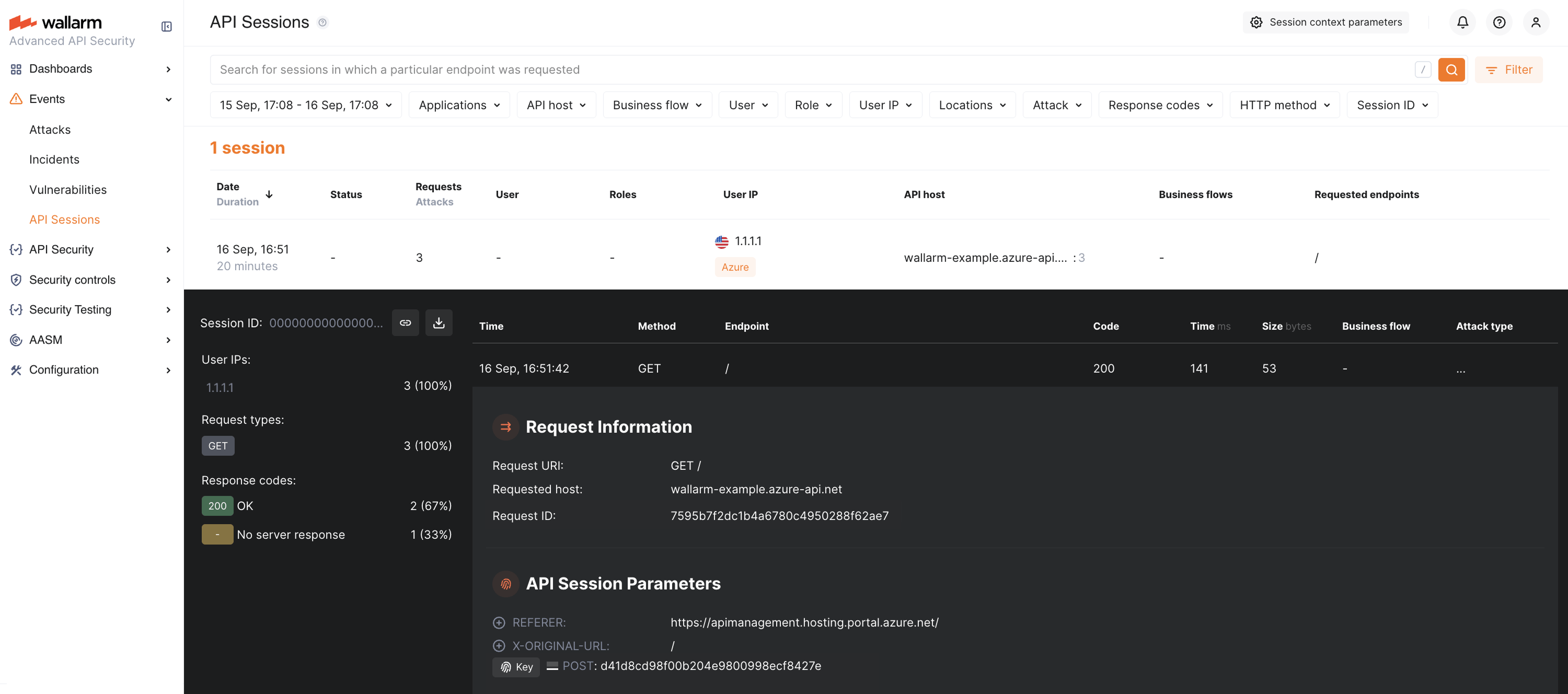 Wallarm Console: legitimate request in API Sessions